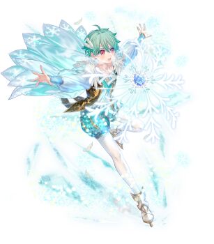 1boy aqua_hair aqua_pants arms_up attack blue_cape cape dragonstone feather_hair_ornament feathers fire_emblem fire_emblem:_the_blazing_blade fire_emblem_heroes frost glowing hair_ornament highres ice_skates nils_(fire_emblem) nils_(ice)_(fire_emblem) nintendo non-web_source official_alternate_costume official_art open_mouth pants puffy_pants red_eyes see-through_cape shorts skates snowflake_print solo sunna_(nilsunna) white_pants