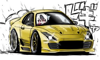 &gt;:) 1girl black_hair blue_archive car closed_mouth commentary_request driving hair_between_eyes highres horns kayoko_(blue_archive) long_sleeves motor_vehicle multicolored_hair red_eyes shadow smile smoke solo tomimon toyota toyota_supra translation_request two-tone_hair v-shaped_eyebrows white_background white_hair