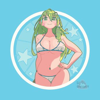 1girl bikini blue_background blush breasts closed_mouth collarbone commentary frog_hair_ornament green_eyes green_hair green_nails hair_between_eyes hair_ornament hair_tubes hand_on_own_hip highres keroyan kochiya_sanae large_breasts looking_at_viewer midriff nail_polish navel single_hair_tube smile snake_hair_ornament solo star_(symbol) swimsuit touhou twitter_username white_bikini