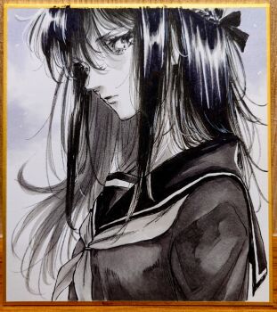 Rule 34 | 1girl, choppy bangs, closed mouth, commentary request, expressionless, from side, greyscale, hair between eyes, long bangs, long hair, looking at viewer, looking to the side, makomako1061, monochrome, neckerchief, original, photo (medium), sailor collar, sailor shirt, school uniform, shikishi, shirt, sideways glance, solo, traditional media, upper body