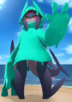 1girl arm_fins beach blue_sky colored_sclera colored_skin day fewer_digits fins full_body furry furry_female grin highres hood hood_up kamukamu6392 monster_girl multicolored_skin no_feet ocean original oversized_forearms oversized_limbs pointy_ears purple_skin red_eyes shark_girl sharp_teeth sky slime_(substance) smile solo standing teeth water white_skin yellow_sclera