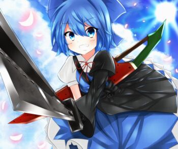 Rule 34 | 1girl, advent cirno, armor, asymmetrical clothes, bad id, bad pixiv id, blue dress, blue eyes, blue hair, blue sky, cirno, cloud, commentary request, day, dress, female focus, gloves, grin, looking at viewer, matching hair/eyes, petals, puffy short sleeves, puffy sleeves, rok (guitar0706), shirt, short sleeves, single glove, sky, smile, solo, sun, sword, touhou, weapon