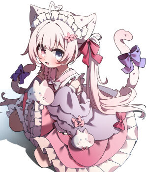 1girl absurdres ahoge animal_ear_fluff animal_ears blue_bow blue_eyes blue_jacket bow cat_ears cat_girl cat_tail commission detached_sleeves dress dress_bow fang flower frilled_dress frilled_sleeves frills gradient_hair hair_bow hair_flower hair_ornament hashtag-only_commentary heart heart_ahoge heterochromia highres holding holding_stuffed_toy jacket long_hair long_sleeves looking_at_viewer maid_headdress moepu. multicolored_hair multiple_tails open_clothes open_jacket open_mouth original pink_dress pink_eyes pink_hair pink_sleeves red_bow simple_background skeb_commission skin_fang sleeveless sleeveless_dress sleeves_past_fingers sleeves_past_wrists smile solo stuffed_animal stuffed_cat stuffed_toy tail tail_bow tail_ornament twintails two-tone_hair two_tails very_long_hair white_background white_hair wide_sleeves
