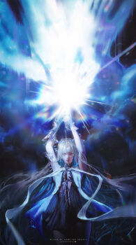 1girl absurdres alternate_breast_size_(smaller) arms_up artist_name black_dress blonde_hair blue_hair breasts closed_mouth colored_inner_hair commentary dress english_commentary english_text fleurdelys_(wuthering_waves) hair_spread_out highres holding holding_sword holding_weapon horns long_hair looking_at_viewer medium_breasts multicolored_hair single_horn solo sword ui_uiiiiiiiii very_long_hair weapon wuthering_waves yellow_horns