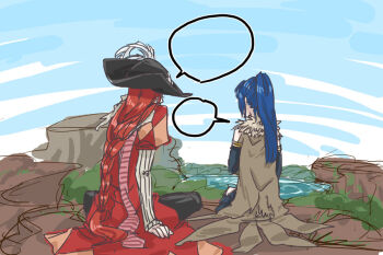 1boy 1girl alchemist_(ragnarok_online) black_hat black_pants blank_speech_bubble blue_hair blue_sky braid braided_ponytail brown_cape cape clear_sky cliff coat commentary_request day from_behind full_body fur_collar hat high_ponytail lake long_hair minstrel_(ragnarok_online) outdoors pants ponytail ragnarok_online red_coat red_hair sitting sky speech_bubble toriria very_long_hair