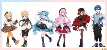 Rule 34 | 2boys, 4girls, aqua eyes, aqua hair, aqua nails, aqua trim, beret, bespectacled, black boots, black bow, black hat, black leg warmers, black pants, black pantyhose, black skirt, black thighhighs, blonde hair, blue eyes, blue hair, blue jacket, blue shoes, blush, boots, bow, brown eyes, brown hair, brown hat, brown skirt, commentary request, fingernails, full body, glasses, hair between eyes, hair bow, hat, hatsune miku, highres, jacket, jikuno, kagamine len, kagamine rin, kaito (vocaloid), kneehighs, leg warmers, long hair, megurine luka, meiko (vocaloid), multicolored hair, multiple boys, multiple girls, nail polish, one eye closed, open clothes, open jacket, open mouth, pants, pantyhose, pink hair, plaid clothes, plaid skirt, red jacket, shirt, shoes, single thighhigh, skirt, smile, socks, thighhighs, twintails, very long hair, vocaloid, white jacket, white shirt