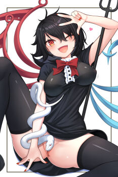 1girl 2026 :d absurdres anus anus_peek asymmetrical_wings black_dress black_hair black_thighhighs blue_wings bouncing_breasts bow bowtie breasts commentary_request convenient_censoring covered_erect_nipples dress fangs hair_between_eyes hand_up happy_new_year harunoha heart highres houjuu_nue medium_breasts medium_hair nail_polish new_year no_bra no_panties one_eye_closed open_mouth partially_visible_vulva polearm red_bow red_bowtie red_eyes red_nails red_wings sharp_teeth short_sleeves smile snake snake_wrapped_around_arm teeth textless_version thighhighs thighs touhou two-tone_wings v weapon wings