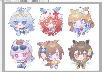 Rule 34 | 6+girls, :d, almond eye (umamusume), animal ears, baby bottle, blue eyes, blue shoes, blunt bangs, blush stickers, bottle, bow hairband, brown eyes, brown hair, cheval grand (umamusume), chibi, chibi only, closed mouth, commentary, double-parted bangs, duck innertube, eyeamaisu, full body, gold ship (umamusume), grey hair, hair between eyes, hairband, horse ears, horse girl, horse tail, innertube, long hair, looking at viewer, multicolored hair, multiple girls, oguri cap (umamusume), open mouth, pink eyes, red eyes, red shoes, shoes, short hair, simple background, smile, spoken blush, standing, stay gold (umamusume), still in love (umamusume), swim ring, symbol-only commentary, tail, two-tone hair, umamusume, veil, white background, white hair, white hairband, white veil