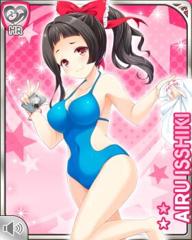 1girl :3 alternate_hairstyle bare_shoulders blue_one-piece_swimsuit blunt_bangs bow breasts brown_hair camera card_(medium) character_name cleavage covered_navel girlfriend_(kari) hair_bow holding holding_camera holding_unworn_clothes isshiki_airu large_breasts legs looking_at_viewer monokini official_art one-piece_swimsuit pink_background ponytail qp:flapper raised_inner_eyebrows red_bow red_eyes shirt smile solo swimsuit thighs white_shirt