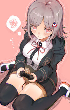 1girl absurdres blush breasts brown_hair collared_shirt controller danganronpa_(series) danganronpa_2:_goodbye_despair flipped_hair game_controller hair_ornament highres holding holding_controller holding_game_controller hood jacket large_breasts long_sleeves looking_at_viewer medium_hair nanami_chiaki neck_ribbon open_clothes open_jacket pink_background pink_eyes pink_ribbon pleated_skirt ribbon shirt skindentation skirt solo spoken_squiggle squiggle terea236565905 thighhighs white_shirt
