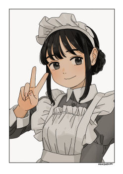 1girl akai_sashimi apron arm_up artist_name black_hair border closed_mouth collar commentary grey_background grey_eyes grey_hair hair_bun light_blush long_sleeves maid maid_apron maid_headdress medium_hair original puffy_long_sleeves puffy_sleeves simple_background smile solo swept_bangs symbol-only_commentary upper_body white_apron white_border white_collar