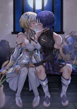 1boy 1girl bare_shoulders black_gloves black_hair black_shirt black_shorts blonde_hair blush closed_eyes dress flower genshin_impact gloves hair_between_eyes hair_flower hair_ornament hakama hakama_shorts highres imminent_kiss japanese_clothes long_hair lumine_(genshin_impact) mandarin_collar open_mouth purple_eyes purple_hair scaramouche_(genshin_impact) shirt short_hair short_sleeves shorts snow20200 wanderer_(genshin_impact) white_dress white_flower