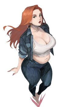 1girl absurdres barefoot breasts casual commentary crop_top curvy earrings english_commentary hex_mamaso highres hoop_earrings huge_breasts invincible_(series) jacket jewelry long_hair looking_at_viewer muffin_top open_clothes open_jacket orange_hair plump samantha_eve_wilkins simple_background solo thick_thighs thighs white_background