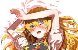 Rule 34 | 1girl, arms up, black vest, blonde hair, blush, bow, braid, brown eyes, commentary request, cookie (touhou), eyes visible through hair, hair between eyes, hair bow, implied sex, kirisame marisa, long bangs, long hair, looking at viewer, one eye closed, open mouth, puffy short sleeves, puffy sleeves, red bow, shirt, short sleeves, single braid, solo, star (symbol), suzu (cookie), tirano tenchou, touhou, unusually open eyes, upper body, vest, white shirt