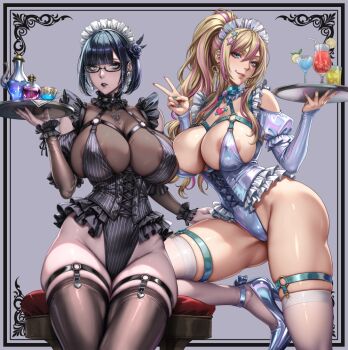 2girls areola_slip black_hair black_leotard black_lips black_thighhighs blonde_hair blue_eyes blue_leotard bodystocking border breasts choker clothing_cutout cocktail_glass covered_erect_nipples cup curvy drinking_glass ear_piercing earrings flower frilled_choker frilled_leotard frills glasses goth_fashion grey_background gyaru hair_flower hair_ornament high_heels highleg highleg_leotard holding holding_tray jewelry large_breasts leotard maid maid_headdress maid_leotard multicolored_hair multicolored_nails multiple_girls original pale_skin parted_lips piercing pink_streaks ponytail sadakage short_hair shoulder_cutout smile star_(symbol) star_hair_ornament streaked_hair striped_clothes striped_leotard thigh_strap thighhighs tray unconventional_maid v white_thighhighs