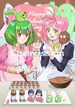 2girls :&gt; ai-kun apron bow character-themed_food character_doll chocolate_making collared_shirt commission cowlick creature creature_on_head creature_on_shoulder dated doll dress flower frown gamlin_kizaki green_hair guvava hair_flower hair_ornament happy_valentine heart heart-shaped_pillow highres in-franchise_crossover juliet_sleeves long_sleeves macross macross_7 macross_frontier maid medium_hair multiple_girls mylene_jenius nekki_basara nekkikamille on_shoulder oosanshouuo-san open_mouth pillow pink_apron pink_dress pink_flower pink_hair pink_ribbon puffy_sleeves ranka_lee red_eyes ribbon saotome_alto shirt smile time_paradox vf-25 white_apron yellow_bow yellow_shirt