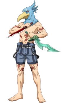 1boy barefoot bird_mask blue_shorts highres hizutome_rakurou knife looking_at_viewer mask red_eyes shangri-la_frontier shorts smile solo sunraku transparent_background