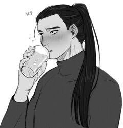 Rule 34 | 1boy, absurdres, alcohol, blush, commentary request, cup, drinking, drunk, dungeon meshi, greyscale, hair over shoulder, hand up, highres, holding, holding cup, korean commentary, long hair, long sleeves, looking to the side, male focus, monochrome, open mouth, ponytail, raichu (shenzed4092), shurou, simple background, solo, squeans, turtleneck, upper body, white background