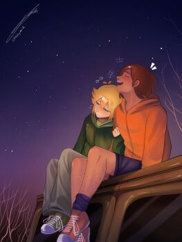 Rule 34 | 2boys, absurdres, alternate costume, antenna hair, basil (faraway) (omori), basil (omori), black shorts, blonde hair, blue eyes, blush, brown hair, brown pants, choccymilk303, closed eyes, closed mouth, commentary, dark-skinned male, dark skin, flying sweatdrops, freckles, green jacket, green shoes, heart, highres, hood, hood down, hooded jacket, jacket, kel (faraway) (omori), kel (omori), long sleeves, male focus, multiple boys, night, omori, open mouth, orange jacket, orange shoes, outdoors, pants, shoes, shorts, sitting, sky, sneakers, star (sky), starry sky, teeth, untranslatable commentary, upper teeth only, yaoi