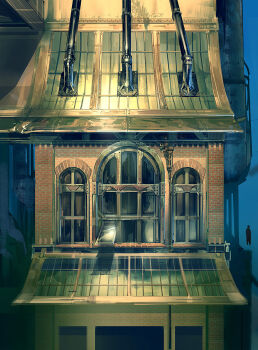arched_window awning ben_lo bioshock bioshock_(series) bioshock_infinite brick_wall factory highres industrial_pipe night no_humans open_window outdoors painterly scenery window
