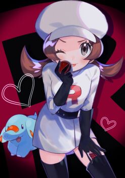 1girl ;p abe_(kumayu) black_gloves black_thighhighs brown_eyes brown_hair newsboy_cap dress eyelashes gen_2_pokemon gloves hat heart highres holding holding_poke_ball long_sleeves looking_at_viewer lyra_(pokemon) nintendo one_eye_closed phanpy poke_ball poke_ball_(basic) pokemon pokemon_(creature) pokemon_masters_ex team_rocket team_rocket_uniform thighhighs tongue tongue_out twintails white_dress white_hat