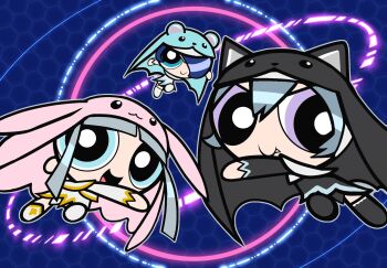 Rule 34 | 3girls, animal ears, animal hat, black dress, black veil, blue eyes, blue hair, blue veil, blunt bangs, bright pupils, cat ears, cat hat, digimon, digimon (creature), dress, fang, fang out, flying, full body, grey hair, hair over one eye, hat, highres, long hair, long sleeves, looking at viewer, lop rabbit ears, mouse ears, mouse hat, multiple girls, nagoshi, nun, open mouth, parody, pink veil, powerpuff girls (style), purple eyes, rabbit ears, rabbit hat, short hair, siblings, sistermon blanc, sistermon ciel, sistermon noir, sisters, smile, style parody, twins, veil, white dress, white pupils