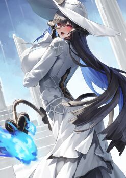 1girl :d absurdres arm_under_breasts black_claws black_hair blue_fire blue_hair blush breasts claws colored_inner_hair commentary cowboy_shot demon_horns demon_tail dress fire flower gloves hair_between_eyes hat hat_flower highres honkai:_star_rail honkai_(series) horns huge_breasts long_dress long_hair long_sleeves looking_at_viewer mole mole_under_eye multicolored_hair open_mouth purple_eyes sidelocks smile solo standing sun_hat tail the_dahlia_(honkai:_star_rail) two-tone_hair very_long_hair white_dress white_hat yamanokami_eaka