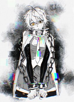 1girl cape chain chanil_(muexlku) collar commentary cowboy_shot cuffs-to-collar don_quixote_(project_moon) glitch highres index_(identity)_(project_moon) limbus_company looking_at_viewer necktie pleated_skirt project_moon short_hair skirt solo spot_color symbol-only_commentary thighhighs yellow_eyes