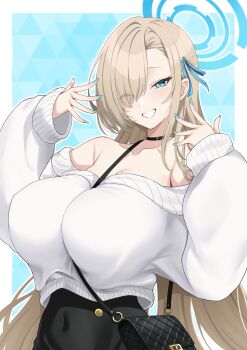 1girl alternate_costume asuna_(blue_archive) asymmetrical_bangs bag between_breasts black_choker black_leotard blue_archive blue_eyes blue_halo blue_nails blue_ribbon blush breasts brown_hair choker commentary covered_navel cropped_sweater eyes_visible_through_hair hair_over_one_eye hair_ribbon halo handbag highres large_breasts leotard leotard_under_clothes long_hair long_sleeves looking_at_viewer mole mole_on_breast nail_polish off-shoulder_sweater off_shoulder one_eye_closed outline parted_lips patterned_background ribbon smile solo strap_between_breasts suigetu26 sweater upper_body very_long_hair white_outline white_sweater