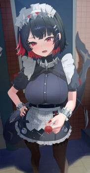 1girl absurdres black_hair black_pantyhose blush breasts candy colored_inner_hair commentary_request ellen_joe fins fish_tail food hair_ornament highres holding holding_candy holding_food holding_lollipop large_breasts lollipop looking_at_viewer maid maid_headdress mole mole_under_eye multicolored_hair pantyhose red_eyes red_hair shark_girl shark_tail short_hair solo tail two-tone_hair usagi_melon3 zenless_zone_zero