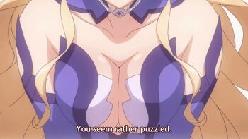 10s 1girl 2010s animated animated_gif arms_at_sides blonde_hair bouncing bouncing_breasts breast_focus breasts cleavage collarbone detached_collar detached_sleeves dress elsha_(high_school_dxd) english_text female_focus head_out_of_frame high_school_dxd high_school_dxd_hero highres breasts large_breasts leaning_forward long_hair long_sleeves looping_animation low_neckline passione_(company) purple_dress purple_sleeves sidelocks simple_background solo standing strapless strapless_dress subtitled talking third-party_edit upper_body very_long_hair wavy_hair white_background