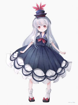 1girl absurdres awahara black_shoes blue_dress blue_hat blush bow breasts closed_mouth commentary_request copyright_name dress footwear_bow full_body grey_background grey_hair hat highres kamishirasawa_keine long_hair medium_breasts puffy_sleeves red_bow shoes simple_background socks solo touhou very_long_hair watermark white_socks