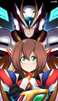 1boy 1girl absurdres armor axasempai blue_eyes blue_wings brown_hair crossed_arms dive_armor_iris_(mega_man) dive_armor_zero_(mega_man) energy_wings forehead_jewel glowing glowing_eyes green_eyes helmet highres iris_(mega_man) looking_at_viewer mega_man_(series) mega_man_x_(series) mega_man_x_dive red_armor red_helmet smile smug upper_body wings zero_(mega_man)