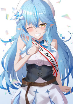 Rule 34 | 1girl, blue bow, blue bowtie, blue eyes, blue hair, bow, bowtie, breasts, colored tips, commentary request, cowboy shot, elf, flower, grin, hair flower, hair ornament, hand on own chest, happy birthday, highres, hololive, izakyuu, large breasts, multicolored hair, one eye closed, pointy ears, smile, snowflake hair ornament, solo, virtual youtuber, white background, yellow eyes, yukihana lamy, yukihana lamy (1st costume)