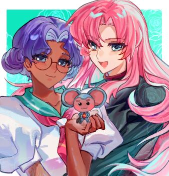 2girls animal black_jacket blue_eyes chu_chu_(shoujo_kakumei_utena) closed_mouth commentary dark-skinned_female dark_skin glasses himemiya_anthy holding holding_animal jacket long_hair meimeitou_tufei mouse_(animal) multiple_girls neckerchief ootori_gakuen_school_uniform open_mouth pink_hair puffy_short_sleeves puffy_sleeves purple_hair red_neckerchief school_uniform shirt short_sleeves shoujo_kakumei_utena smile tenjou_utena white_shirt