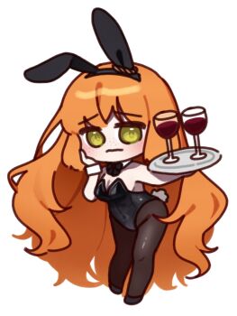 1girl animal_ears black_bow black_bowtie black_leotard bow bowtie brown_pantyhose chibi cup detached_collar drinking_glass green_eyes highres holding holding_tray ishmael_(project_moon) leotard limbus_company long_hair orange_hair pantyhose playboy_bunny project_moon rabbit_ears rabbit_tail sidelocks simple_background solo tail tray tu1na very_long_hair white_background wine_glass