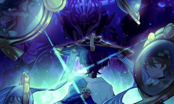 1girl 2boys absurdres blunt_bangs brown_hair closed_eyes closed_mouth commentary floating from_behind fruct0se_fa genshin_impact glowing gradient_background hat highres japanese_clothes light_smile looking_to_the_side mecha multicolored_hair multiple_boys niwa_(genshin_impact) purple_hair raiden_shogun reflection robot scaramouche_(genshin_impact) scaramouche_(shouki_no_kami)_(genshin_impact) standing street_fighter upper_body vision_(genshin_impact) wanderer_(genshin_impact)