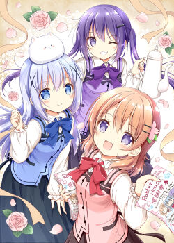 3girls :d angora_rabbit animal animal_on_head black_skirt blue_bow blue_eyes blue_hair blue_vest blush bow breasts brown_hair brown_skirt closed_mouth collared_shirt commentary_request dress_shirt employee_uniform flower gochuumon_wa_usagi_desu_ka? grin hair_between_eyes hair_ornament hand_up highres holding hoto_cocoa kafuu_chino long_sleeves medium_breasts multiple_girls nanase_miori on_head one_eye_closed open_mouth petals pink_flower pink_vest puffy_long_sleeves puffy_sleeves purple_bow purple_eyes purple_hair purple_vest rabbit red_bow shirt skirt sleeves_past_wrists smile tedeza_rize tippy_(gochiusa) twintails vest waitress white_shirt x_hair_ornament