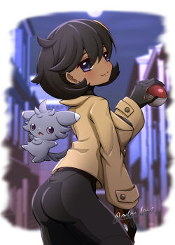1girl absurdres arched_back ass black_gloves black_hair blurry blurry_background brown_jacket closed_mouth commentary_request emma_(pokemon) espurr gen_6_pokemon gloves hand_up highres holding holding_poke_ball jacket long_sleeves night nintendo onion-lotus outdoors poke_ball poke_ball_(basic) pokemon pokemon_(creature) pokemon_legends:_z-a short_hair smile twitter_username watermark