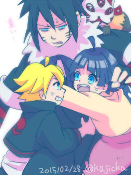 1girl 2boys ahoge black_hair blonde_hair fingerless_gloves fox fox_mask fur_trim gloves highres hug kajicka mask multiple_boys naruto:_road_to_ninja naruto_(classic) naruto_(series) naruto_shippuuden purple_hair spiked_hair uzumaki_boruto uzumaki_himawari uzumaki_menma whiskers