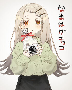 1girl bag black_skirt blonde_hair blush closed_mouth colored_eyelashes commentary_request cowboy_shot flipped_hair gakuen_idolmaster gradient_hair green_sweater grey_hair hair_ornament hairclip hands_up holding holding_bag idolmaster long_hair looking_at_viewer multicolored_hair namahage nendo23 orange_eyes parallel_hairclips parted_bangs plastic_bag shinosawa_hiro simple_background skirt sleeves_past_wrists solo sweater translation_request white_background