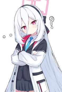 ...? 1girl absurdres black_bow black_hairband black_vest blue_archive blue_necktie bow closed_mouth collared_shirt cowboy_shot crossed_arms hair_between_eyes hair_bow hairband halo head_tilt highres jacket kei_(blue_archive) kei_(new_body)_(blue_archive) light_blush long_hair long_hair_between_eyes long_sleeves looking_at_viewer necktie noiriririri pink_eyes pink_halo pleated_skirt rectangular_halo ringed_eyes shirt simple_background skirt solo very_long_hair vest white_background white_hair white_jacket white_shirt