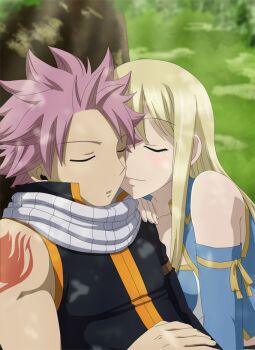 Rule 34 | 1boy, 1girl, bad id, bad pixiv id, blonde hair, bluesnowcat, detached sleeves, closed eyes, fairy tail, long hair, lucy heartfilia, natsu dragneel, outdoors, pink hair, short hair, sleeveless, spiked hair, tattoo, tree