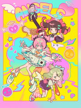 Rule 34 | 3girls, :3, @ @, absurdres, angels of delusion, aria (zenless zone zero), arm warmers, bandaid, bandaid hair ornament, bare shoulders, black hair, black skirt, black thighhighs, blue eyes, blue hair, blue streaks, blush, bow, closed mouth, colored inner hair, crossed bangs, crosshair pupils, detached sleeves, dotted background, dress, earrings, emoji, english text, fingerless gloves, frilled dress, frills, full body, fur-trimmed skirt, fur-trimmed sleeves, fur trim, gloves, green bow, green hair, green halo, hair ornament, halo, hand on own cheek, hand on own face, heart, highres, jewelry, knees together feet apart, leg warmers, lightning bolt symbol, long hair, looking at viewer, mole, mole under eye, multicolored hair, multiple girls, multiple hair clips, multiple thigh straps, musical note earrings, nangong yu, necktie, official art, open-toe shoes, open mouth, outstretched arms, pink arm warmers, pink bag, pink gloves, pink hair, pink leg warmers, red eyes, red necktie, shirt, shoes, short twintails, skirt, star (symbol), streaked hair, striped arm warmers, striped leg warmers, sunna (zenless zone zero), thigh strap, thighhighs, too many bows, twintails, white dress, white shirt, white shoes, white wings, winged bag, winged heart, wings, yellow background, zenless zone zero