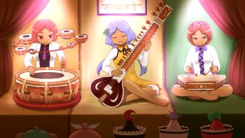 6+girls barefoot bindi brown_eyes brown_hair dark-skinned_female dark_skin drum hair_ornament hairband hat highres horikawa_raiko indian_style instrument kasodani_kyouko light_purple_hair lunasa_prismriver lyrica_prismriver merlin_prismriver multiple_girls music mystia_lorelei necktie panties pantyshot red_eyes red_hair shirosato sitting touhou tsukumo_benben tsukumo_yatsuhashi underwear