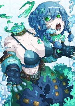 1girl absurdres aqua_hair belt bra braid breasts cleavage collar commentary dullahan ectoplasm fingerless_gloves gloves green_eyes headless highres hkdd99 large_breasts midriff multiple_belts open_mouth original scar scar_on_face scar_on_shoulder scar_on_stomach severed_head short_hair_with_long_locks sideboob solo stomach twin_braids underwear