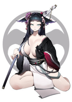 1girl absurdres animal_ears arched_bangs arknights bare_shoulders black_gloves black_hair black_haori black_sash blunt_bangs breasts collarbone commentary flower full_body ghosty_(xiaobai) gloves green_eyes hair_flower hair_intakes hair_ornament haori highres japanese_clothes katana large_breasts long_hair long_sleeves looking_at_viewer making-of_available mio_(arknights) no_bra off_shoulder parted_lips pink_flower procreate_(medium) purple_flower sash sheath sheathed single_glove sitting solo sword variant_set weapon white_background