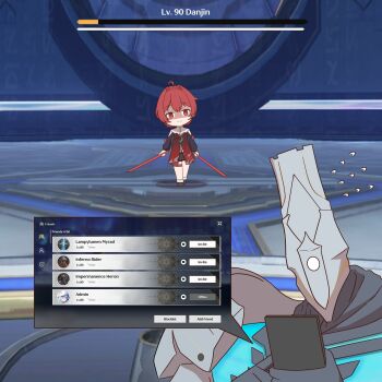2girls 4others absurdres ahoge character_name chibi commentary danjin_(wuthering_waves) dual_wielding english_commentary english_text fake_screenshot fallacy_of_no_return gameplay_mechanics hair_intakes health_bar highres holding holding_sword holding_weapon impermanence_heron inferno_rider lampylumen_myriad multiple_girls multiple_others nohanohane red_eyes red_hair role_reversal shaded_face shorekeeper_(wuthering_waves) sword weapon wuthering_waves