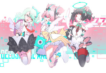 3girls ;d absurdres angels_of_delusion aria_(zenless_zone_zero) arm_warmers backpack bag bare_shoulders black_hair black_thighhighs blue_eyes bow colored_inner_hair commentary_request copyright_name dress drooling green_bow green_eyes halo highres long_hair mifuuuuuwa00 mouth_drool multicolored_hair multiple_girls nangong_yu necktie one_eye_closed open_mouth pink_bag pink_eyes pink_hair red_eyes red_necktie shirt shoes short_sleeves simple_background single_thighhigh smile streaked_hair striped_arm_warmers sunna_(zenless_zone_zero) thighhighs twintails white_dress white_shirt white_shoes white_thighhighs white_wings wings yellow_bow zenless_zone_zero