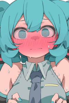 1girl abmayo bare_shoulders blush breasts closed_mouth commentary detached_sleeves grey_shirt hatsune_miku highres long_hair medium_breasts necktie nose_blush shirt solo sweat symbol-only_commentary twintails vocaloid